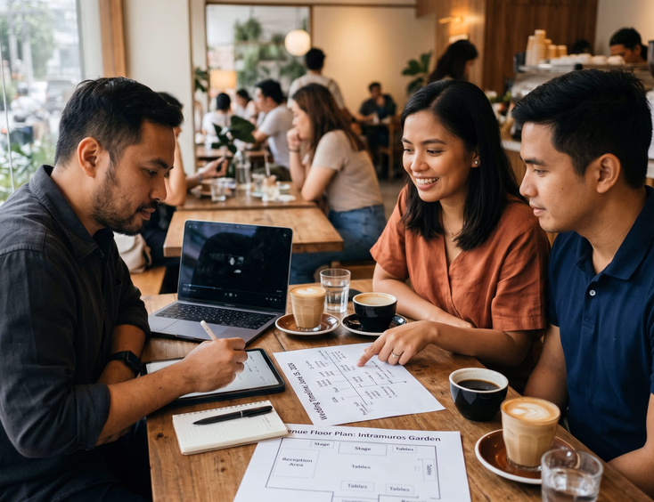 Filipino couple meeting with their wedding videographer at a Manila cafe reviewing a printed wedding timeline and venue floor plan with coffee cups and a laptop on the table in a collaborative planning session.