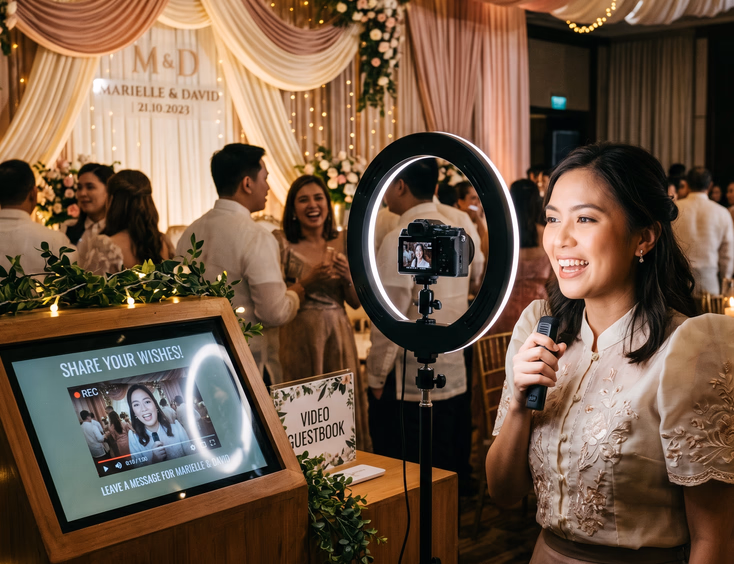 Filipino wedding guest smiling and recording a video message at a guestbook booth kiosk with a ring light and touchscreen prompts against a draped fabric reception backdrop