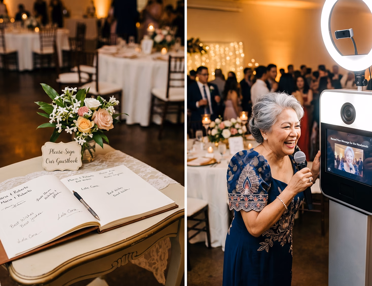 Split scene comparing a paper guestbook with few signatures at a Filipino wedding reception to a Filipino tita laughing while recording a heartfelt video message at a guestbook kiosk with ring light