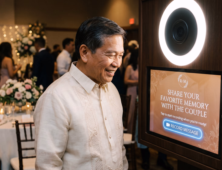 Filipino male guest in barong tagalog reading a share your favorite memory prompt on a video guestbook touchscreen with a ring light and blurred reception tables in the background