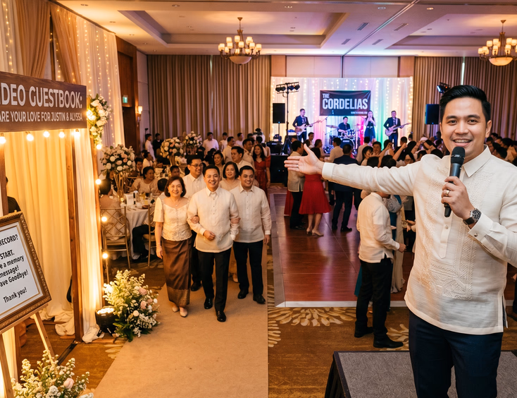 Filipino wedding emcee gesturing toward a video guestbook booth as guests walk toward the station following an announcement in a ballroom with a dance floor and band stage