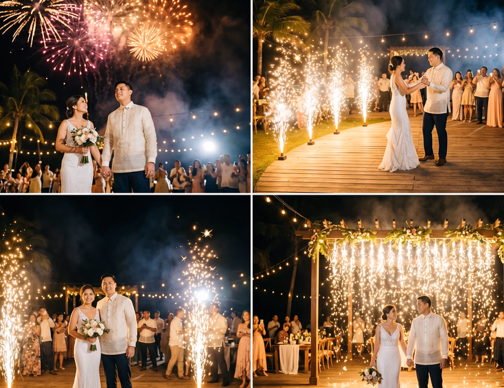 Filipino bride and groom at a wedding reception featuring aerial fireworks, ground gerbs, cold sparklers, and a fireworks waterfall.