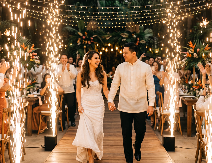Filipino bride and groom making a grand entrance between rows of gold ground gerbs at a garden wedding.
