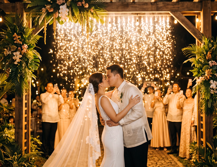 Filipino bride and groom first kiss with a gold fireworks waterfall backdrop at a night wedding reception.