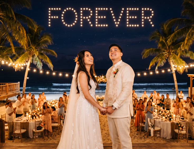 Filipino bride and groom watching a drone light show spelling "FOREVER" at a beachfront destination wedding.