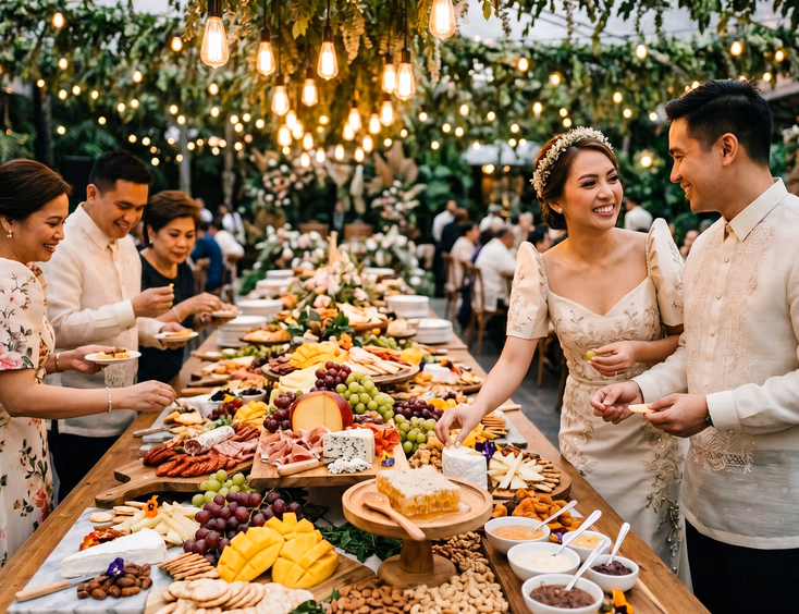 Filipino bride in modern terno gown and groom in cream barong tagalog reaching for cheese at a long farmhouse grazing table filled with cheeses, cured meats, mangoes, grapes, honeycomb, and edible flowers as three formally dressed Filipino guests graze from the opposite side under Edison bulb string lights and greenery garlands