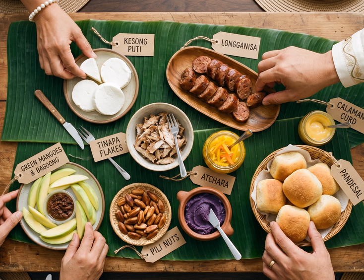 Overhead flat lay of a Filipino-inspired grazing board on banana leaves featuring kesong puti, sliced longganisa, tinapa flakes, atchara, pandesal, ube jam, pili nuts, and green mangoes with Filipino hands wearing pearl bracelet, barong cuff, and gold wedding band reaching in from the edges with kraft paper labels identifying each item