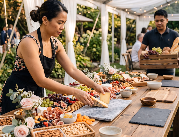 Filipino female supplier in black apron placing aged cheese on a marble slab while half a long grazing table is already styled with fruits, crackers, cured meats, and floral accents as a Filipino male assistant carries a wooden crate of grapes and bread at an outdoor garden wedding venue with a white tent canopy