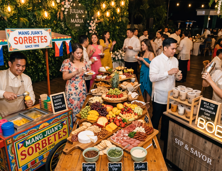 Wide shot of a Filipino wedding reception food area at night with a long grazing table of cheeses, fruits, meats, and dips flanked by a colorful sorbetes cart with a Filipino male vendor and a milk tea cart with a Filipino female attendant shaking a drink as guests in cocktail dresses and barong tagalogs walk between stations under Edison bulb string lights with a greenery wall backdrop