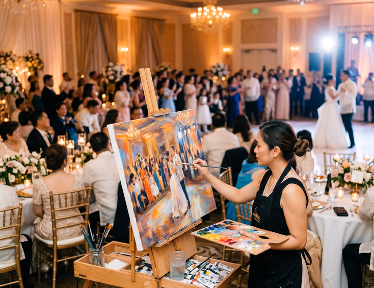 Filipino female live wedding painter in black apron creating a colorful acrylic canvas of a couple's first dance on a large easel at an elegant ballroom reception