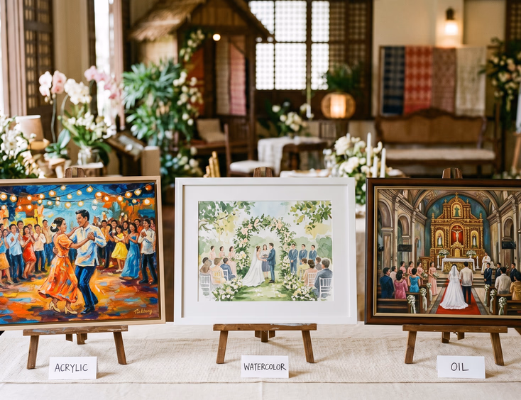 Three wedding painting styles displayed on easels at a Filipino venue showroom including acrylic, watercolor, and oil canvas options with handwritten labels on a cream linen table