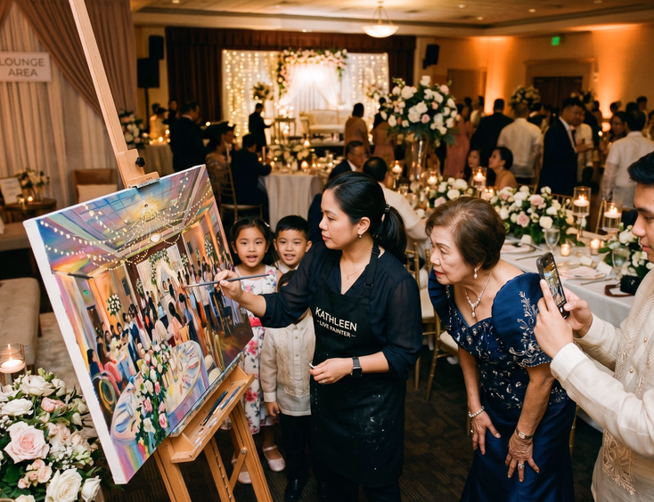 Filipino wedding reception guests gathered around a live painter's easel as a lola leans in to view the nearly finished acrylic painting of the reception hall
