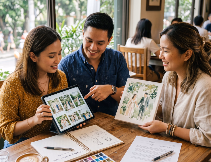 Filipino couple consulting with a live wedding painter at a cafe table reviewing portfolio paintings, color swatches, and a printed contract in a relaxed daytime setting