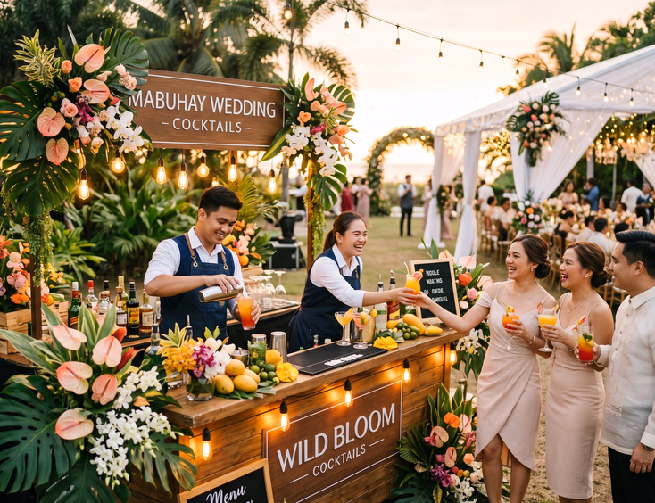 Wide shot of two Filipino bartenders serving colorful cocktails to wedding guests at an outdoor mobile bar with tropical flowers and string lights during golden hour