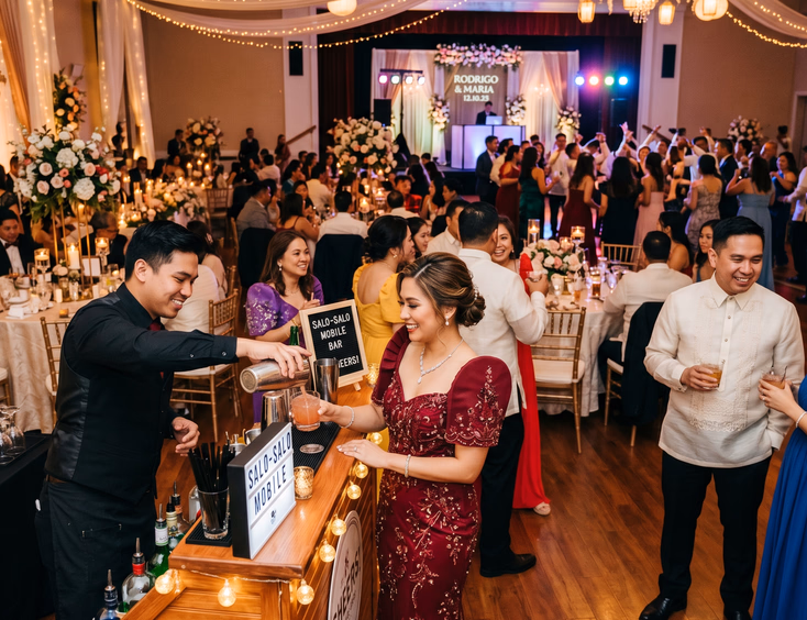 Filipino bartender pouring cocktails at a mobile bar inside a decorated wedding reception banquet hall with guests mingling and a dance floor in the background