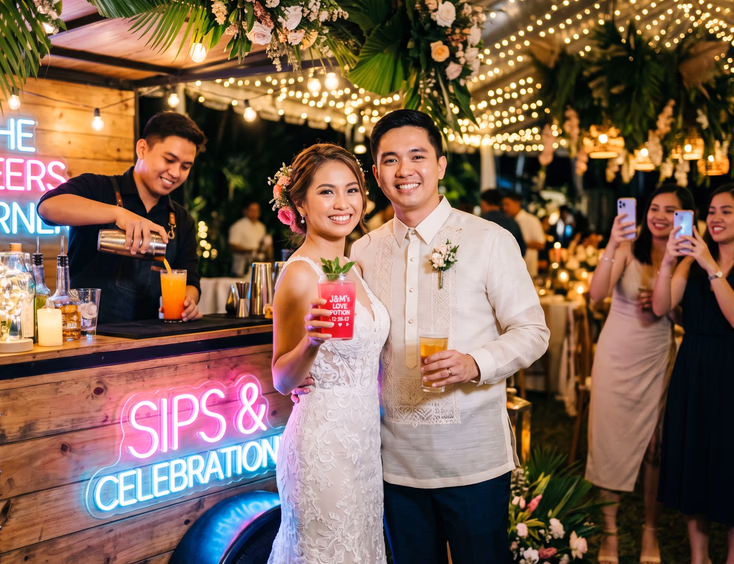 Filipino wedding couple posing beside a neon-lit mobile bar counter as the bride holds a custom pink signature cocktail with a bartender mid-pour in the background