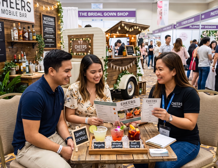 Filipino couple consulting with a mobile bar supplier at a bridal fair booth reviewing wedding bar packages and cocktail menus at a convention hall