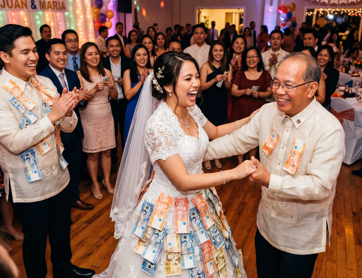 Filipino bride covered in pinned peso bills laughing while dancing with an older male guest at a lively reception, with the groom nearby also covered in pinned bills and guests lined up waiting their turn