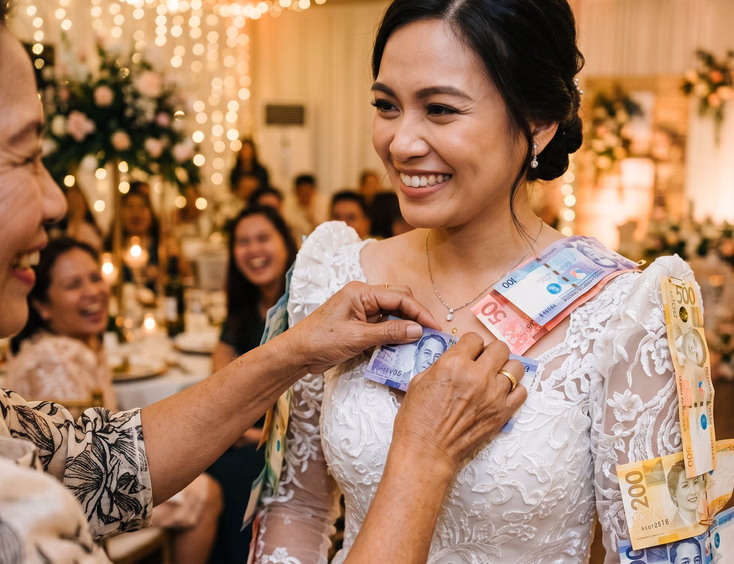 Close-up of a Filipino guest's hands pinning a crisp peso bill onto a Filipino bride's white wedding gown shoulder, with several bills already pinned across her bodice and blurred fairy lights in the background