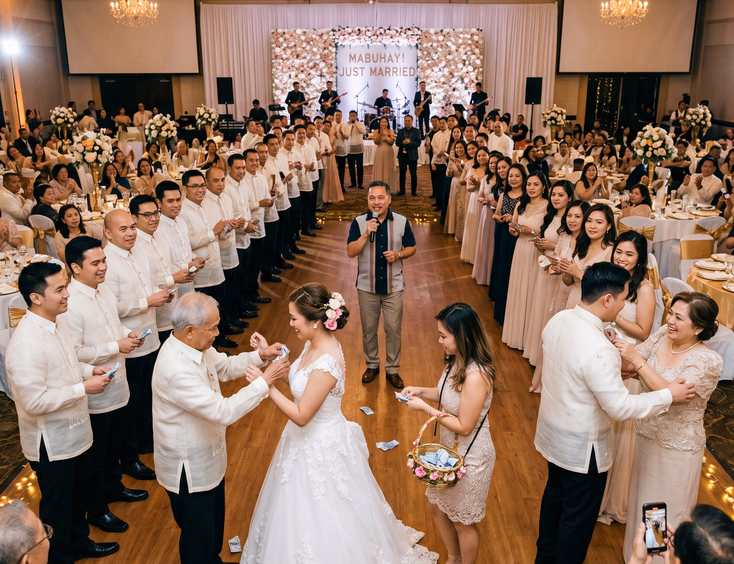 Wide shot of a Filipino wedding money dance with separate lines of male and female guests waiting to dance, a Filipino emcee directing the flow between them, and a money collector following behind the bride