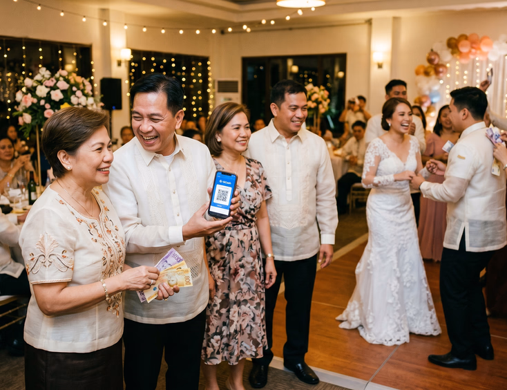 Filipino wedding guests near the dance floor watching the money dance, one holding peso bills ready to pin and another holding up a phone with a QR code payment screen, with the dancing couple visible in the soft background