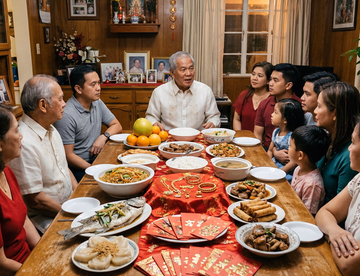 Older Filipino man in white barong tagalog speaking to attentive family members seated at a long dining table filled with traditional Tinghun dishes including whole fish, noodles, and tikoy during a Filipino engagement ceremony