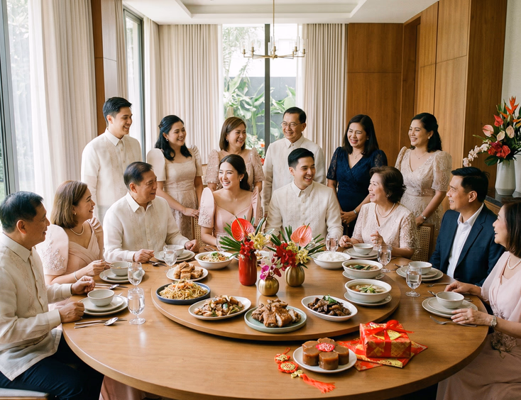 Young Filipino couple in barong and filipiniana dress seated at the center of a round table surrounded by smiling family members during a relaxed modern Tinghun celebration at a Filipino restaurant