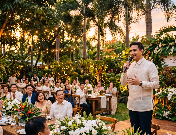 Filipino wedding host in light barong tagalog speaking into microphone at lush garden wedding venue with guests at wooden tables under string lights and golden sunset