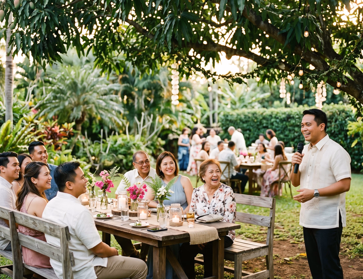 Filipino wedding host speaking warmly to small group of guests on wooden benches under mango trees at casual rustic garden wedding reception in late afternoon light