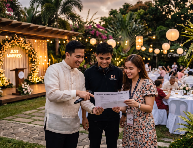 Filipino wedding host reviewing printed program sheet with DJ and coordinator at outdoor tropical garden reception venue in early evening light