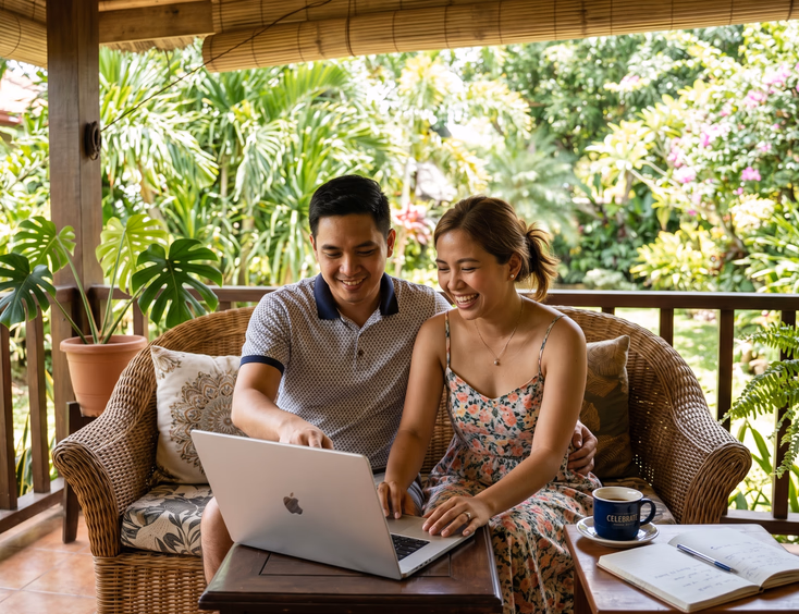 Filipino couple browsing wedding host profiles and reviews on laptop while sitting on rattan sofa on covered patio with coffee and notebook nearby