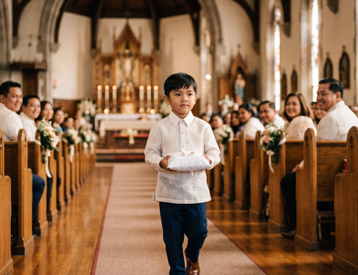 Young Filipino ring bearer around five years old in an ivory embroidered Barong Tagalog, dark dress pants, and brown loafers walking down a church aisle holding a white ring pillow with blurred pews and Filipino wedding guests in warm natural church light