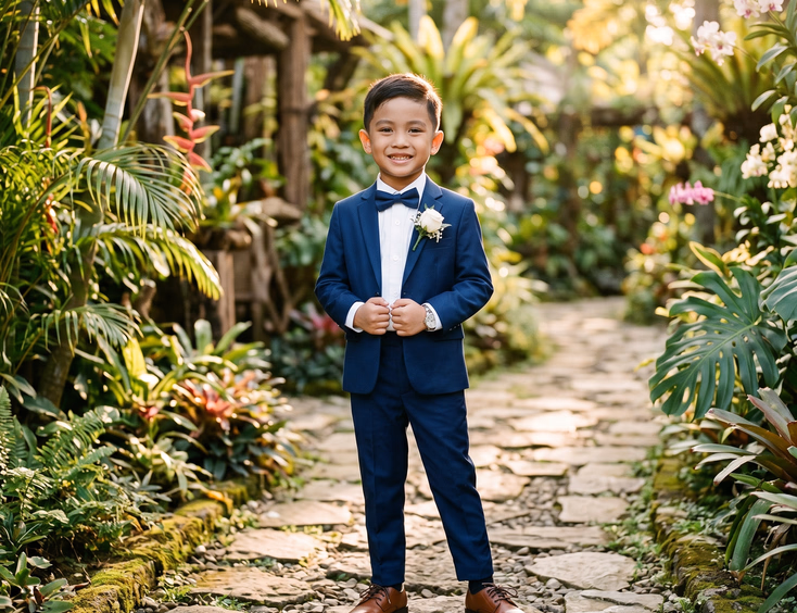 Young Filipino ring bearer around six years old in a fitted navy blue mini suit with a white dress shirt, navy bow tie, and white boutonniere standing confidently on a garden path surrounded by lush tropical greenery in warm golden hour sunlight