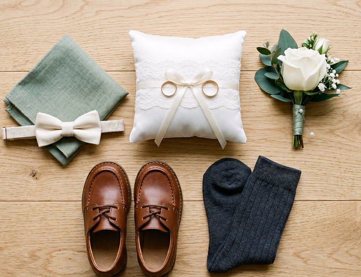 Flat lay of Filipino ring bearer accessories on a light wooden surface including a cream bow tie, sage green pocket square, white rose boutonniere, miniature brown leather loafers, dark dress socks, and a small white ring pillow in soft overhead natural light