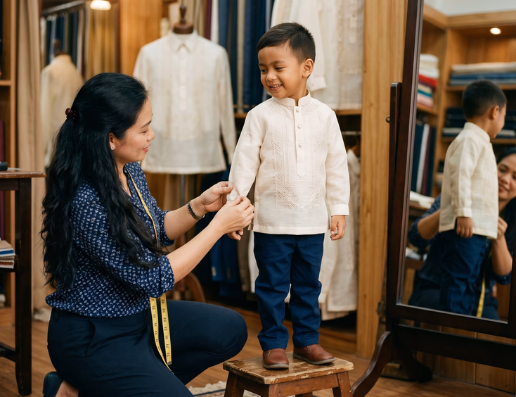 Filipino mother kneeling beside her young son in a cream Barong Tagalog on a small wooden stool in a fitting room adjusting his sleeves with a tailor's measuring tape over her shoulder and a full-length mirror visible to the side in soft warm interior lighting