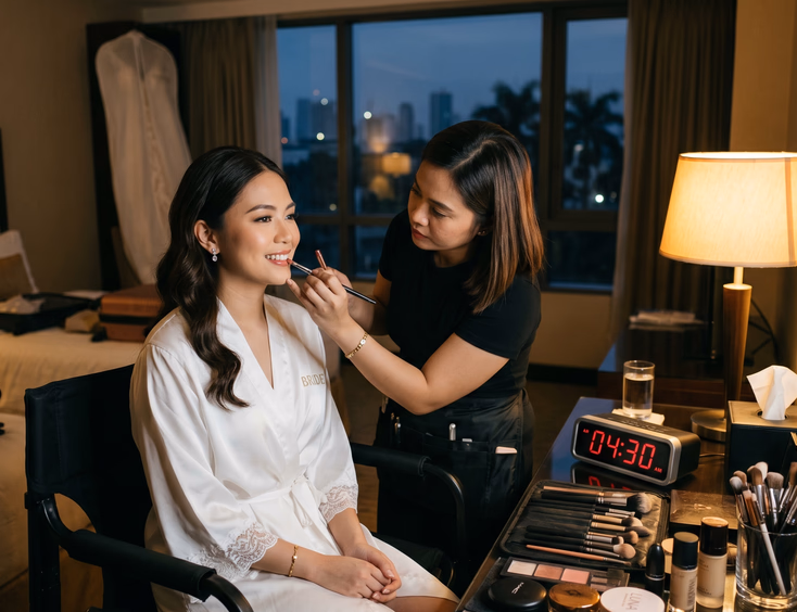 Filipino bride in a white robe getting lipstick applied by her makeup artist in a warmly lit room at 4:30 AM with makeup tools on the vanity and a dark pre-dawn sky visible through the window behind them