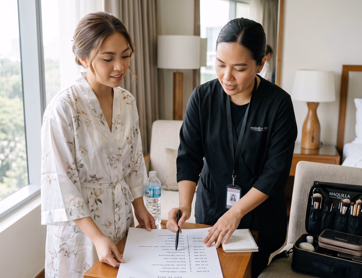 Filipino bride and her makeup artist standing at a small table reviewing a printed wedding day timeline with a packed makeup kit bag on the chair beside them in bright natural morning hotel room light