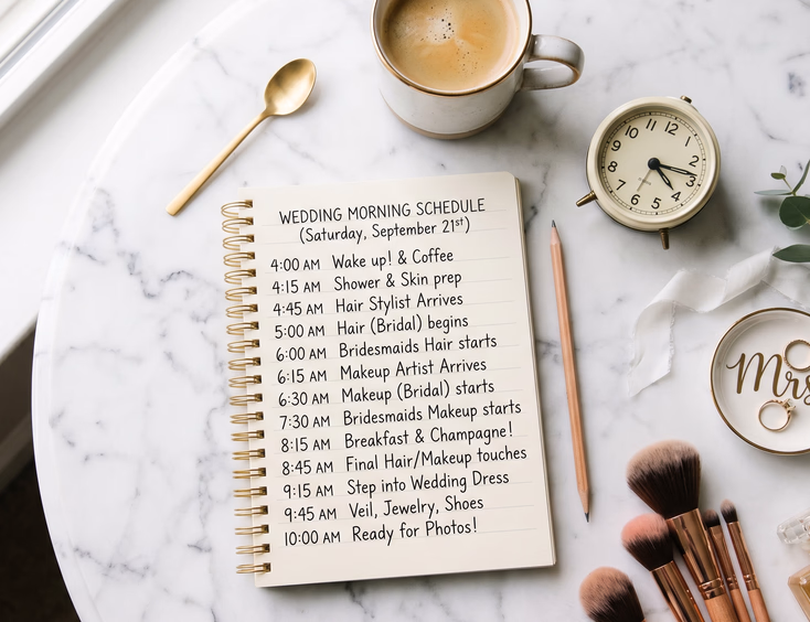 Flat lay of a handwritten wedding morning schedule from 4:00 AM to 10:00 AM on a notepad beside a small analog clock showing 3:45 AM, a cup of coffee, and makeup brushes on a white marble table