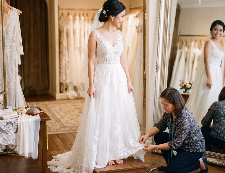 Filipino bride in white wedding gown standing in a bridal boutique fitting room as a Filipino seamstress kneels beside her pinning the hem with a full-length mirror reflecting both of them and fabric swatches and a pin cushion on a nearby table