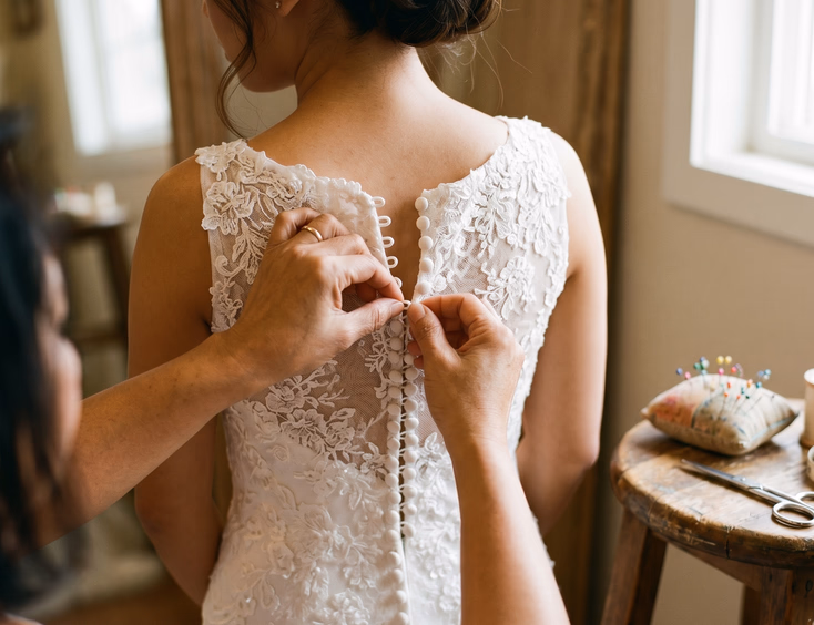 Close-up of Filipino hands fastening fabric-covered buttons along the back of a white wedding gown in a warm fitting room with a pin cushion and small scissors resting on a wooden stool in the background
