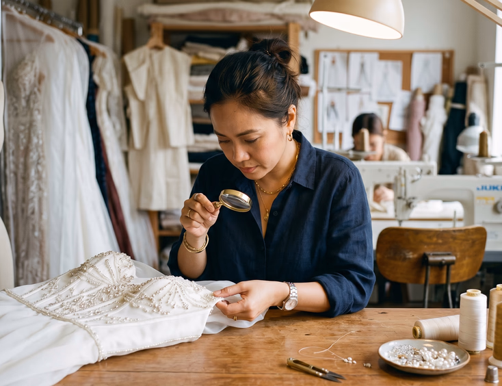 Filipino bridal designer inspecting beadwork on a white wedding gown bodice with a small magnifying glass at a clean wooden worktable with spools of thread, loose beads in a small dish, and a needle under soft overhead task lighting in an atelier workshop