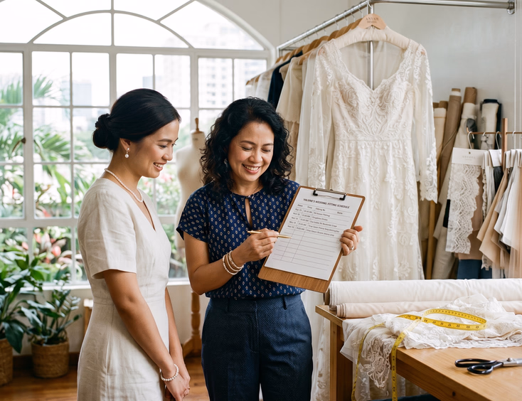 Filipino bride and Filipino bridal designer standing together in a bright atelier reviewing a printed fitting schedule on a clipboard with the wedding gown hanging on a padded rack behind them, fabric samples, and a measuring tape on the counter beside a large window
