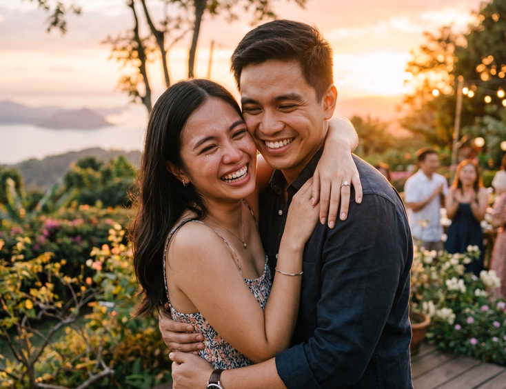 A newly engaged young Filipino couple embraces joyfully in warm golden light, with the woman's engagement ring clearly visible on her hand.