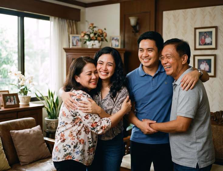 A newly engaged Filipino couple happily shares their news with her parents, enjoying emotional hugs and smiles in a warm, naturally lit living room.