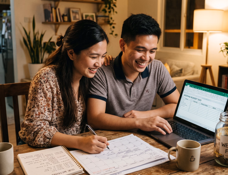 A young Filipino couple sits together at a table, focused and happy as they review their wedding budget and calendar on a laptop and notebook.