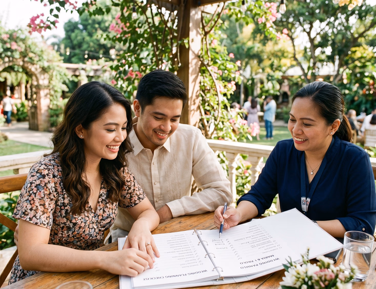 A newly engaged young Filipino couple meets with a wedding coordinator at a venue, reviewing a planning checklist together under warm, bright light.