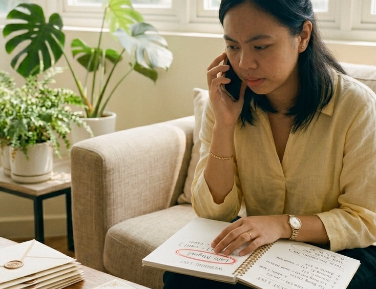 A Filipino woman in her late 20s sits on a beige sofa holding a smartphone to her ear with mild concern, her free hand resting on an open printed guest list with a name circled in red, and a stack of sealed wedding invitation envelopes on the coffee table in warm natural afternoon light.