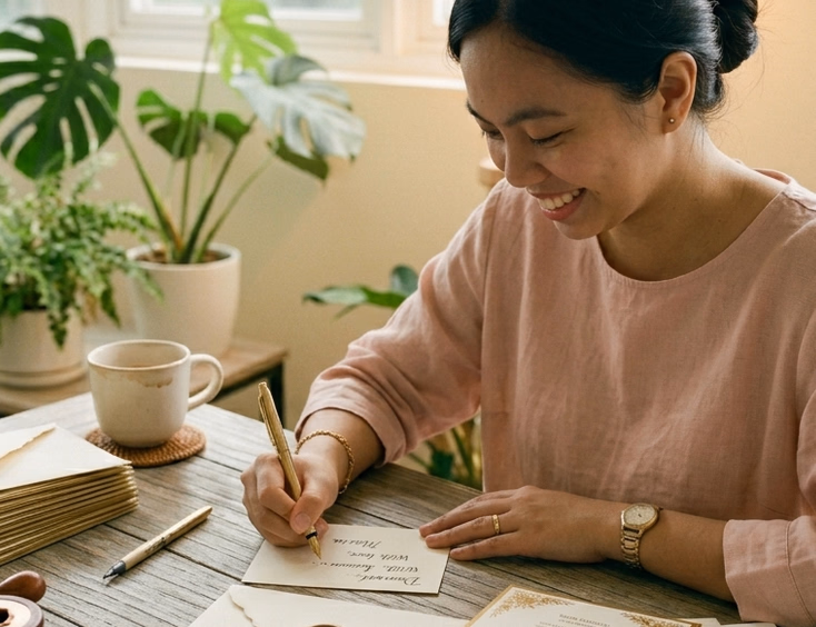 A Filipino woman in her early 30s sits at a wooden home office desk writing a short handwritten note on a small cream card beside an open wedding invitation envelope, an extra stack of printed invitation suites, and a wax seal stamp and pot in warm indoor lamp lighting.