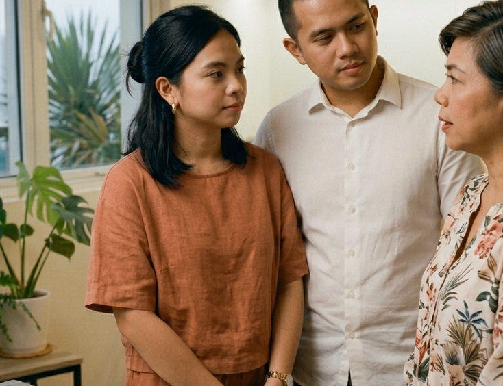 A Filipino couple in their late 20s stands in a warmly lit Manila living room in calm conversation with an older Filipino woman in her late 50s, the younger woman facing her with a composed and respectful expression while the man stands behind her with a supportive posture, a printed guest list on the side table nearby.