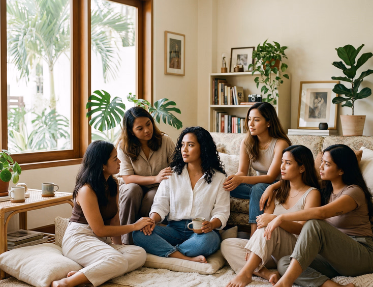 Filipino bride with a thoughtful expression sitting with close friends on a sofa and floor cushions in a sunlit living room, warm lifestyle editorial photography Philippines
